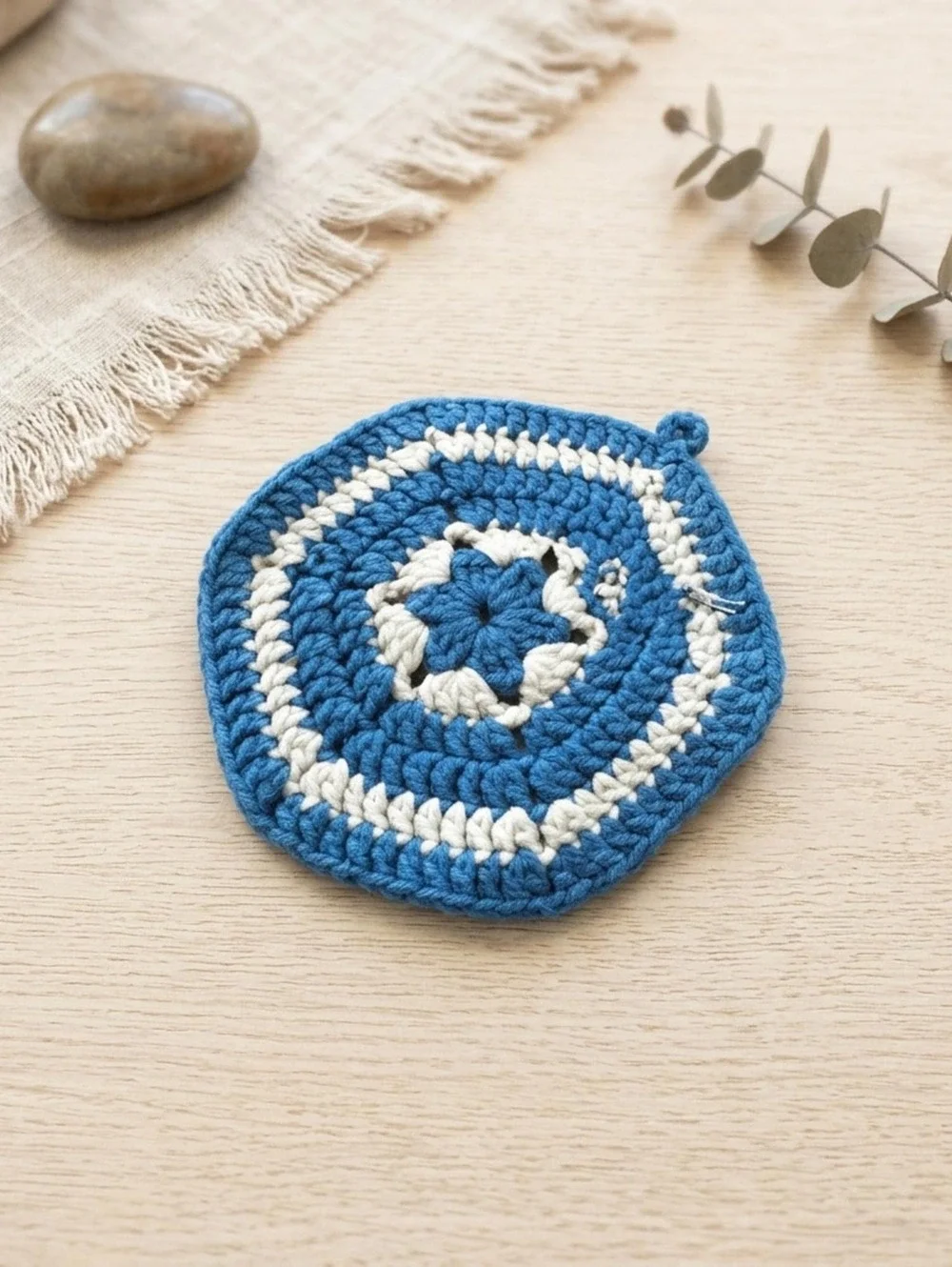 Handmade Trivet Vintage Blue White Crochet Hot Pad, Countertop Saver, Heat